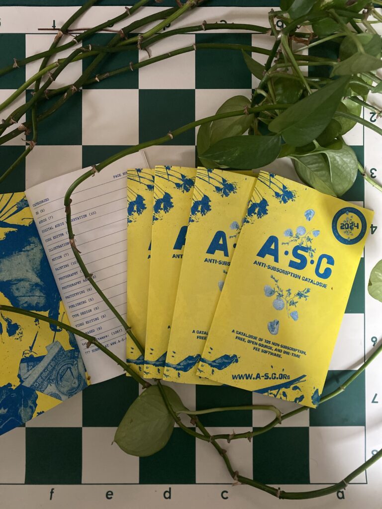 a-s-c.org risograph booklet measuring 5x8 inches printed by Colour Code in Toronto, Ontario, Canada. Designed by Chris Lange. 2024 Edition.